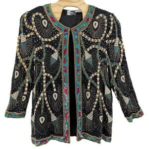 Carina Vintage 100% Silk Beaded Sequin Jacket 3X Black Multi Open Front Art Deco